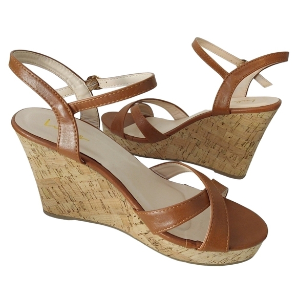 Lulu's Nixie Brown Tan Cork Wedge Platform Sandals Criss Cross Beachy - Picture 2 of 11